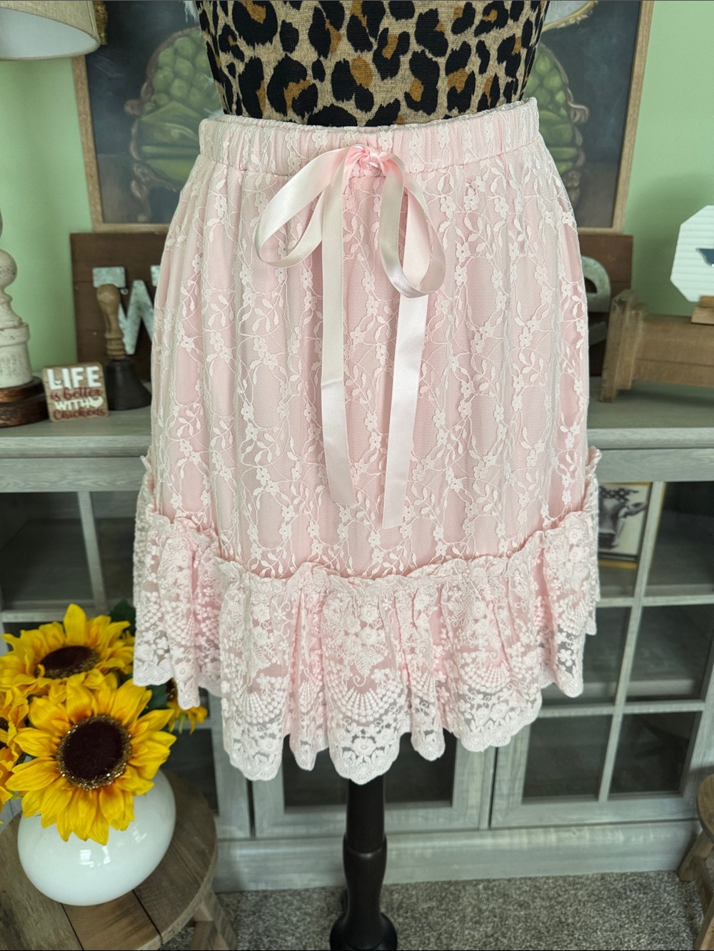 Pink Lace Ruffle Skirt with Satin Tie by Listicle Sz Large